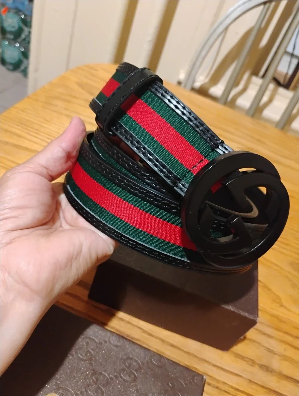 Gucci Men's Black Belt with Green and Red Web Stripe 46/115